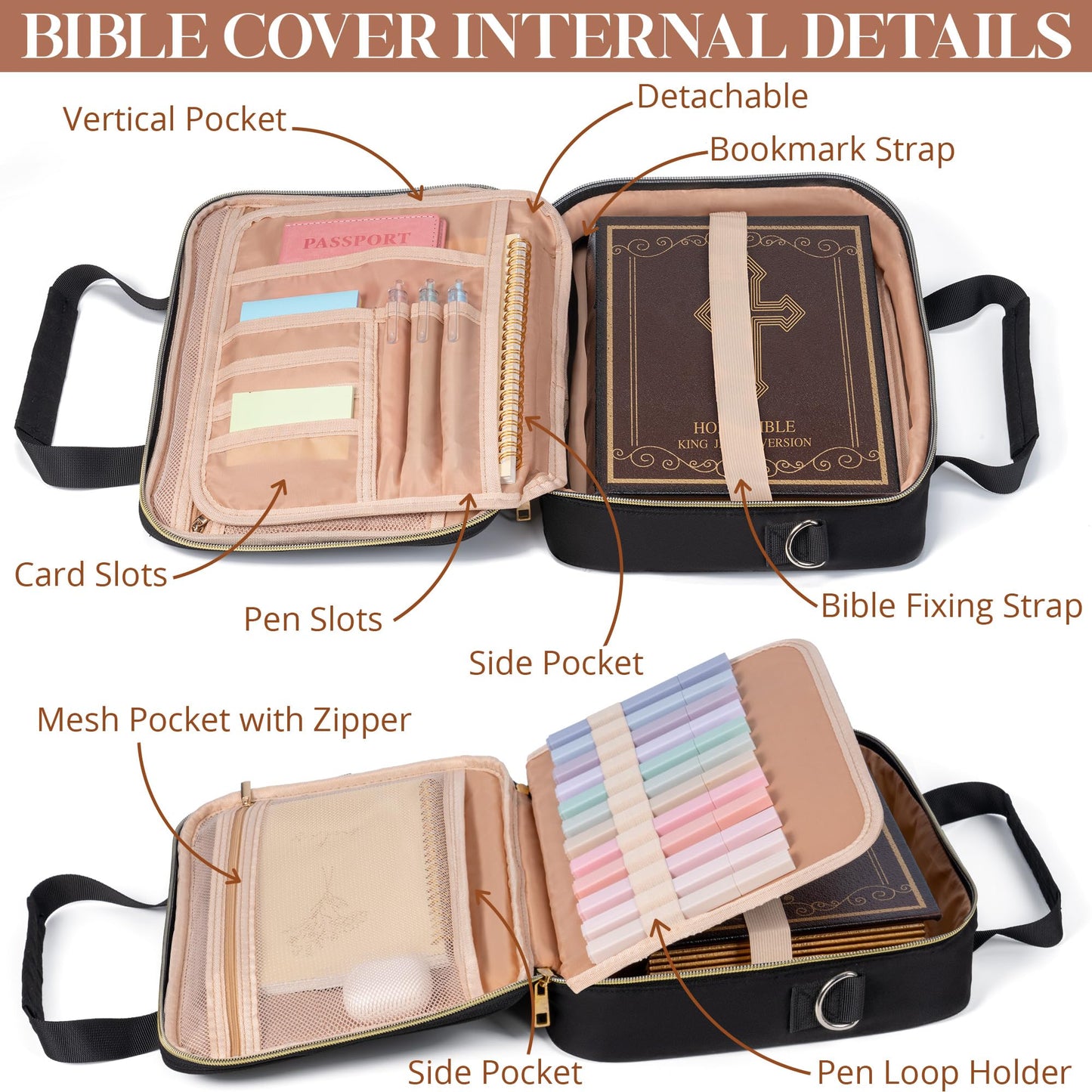 Bible Cover Case for Women, Large Bible Bag w/Shoulder Strap, Bible Study Supplies Journaling Kit Book Carrying Case with Accessories Pastel Highlighters 75 Tabs, Christian Gifts for Women Mom Friends