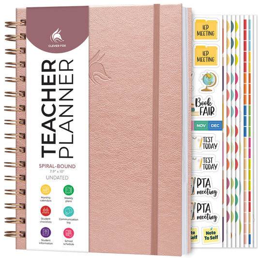 Clever Fox Teacher Planner Spiral – School Year Planner with Calendars & Lesson Plans – Teacher Plan Book for Classroom & Homeschool Organization - Undated, 7.9x10″ (Rose Gold)