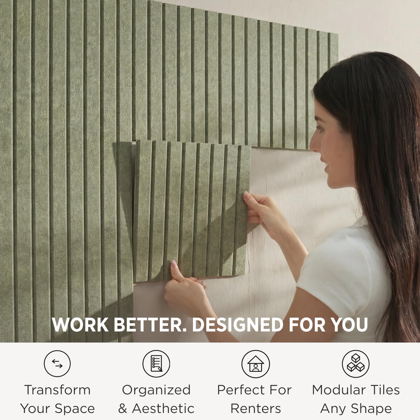VIVELDA Felt Bulletin Board Tiles 48"x36" 12-Pack, Cork Board Alternative, OEKO-TEX Certified, NRC 0.95 Acoustic Wall Panels, Damage-Free Adhesive, Slatted Design, Home Office, Classroom (Khaki Green)