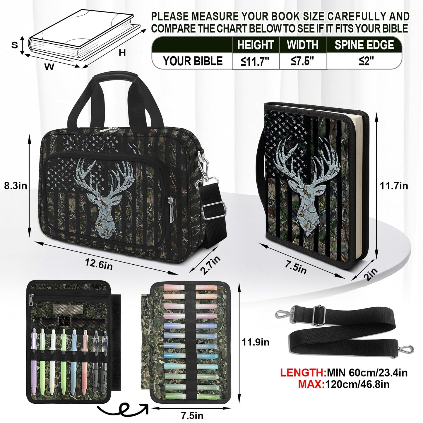 IBOVODI Camo Bible Case Covers, Large Bible Tote Bag Book Cover Study Supplies with Shoulder Strap Handle Zippered Pocket for Men Women (American Flag Deer)