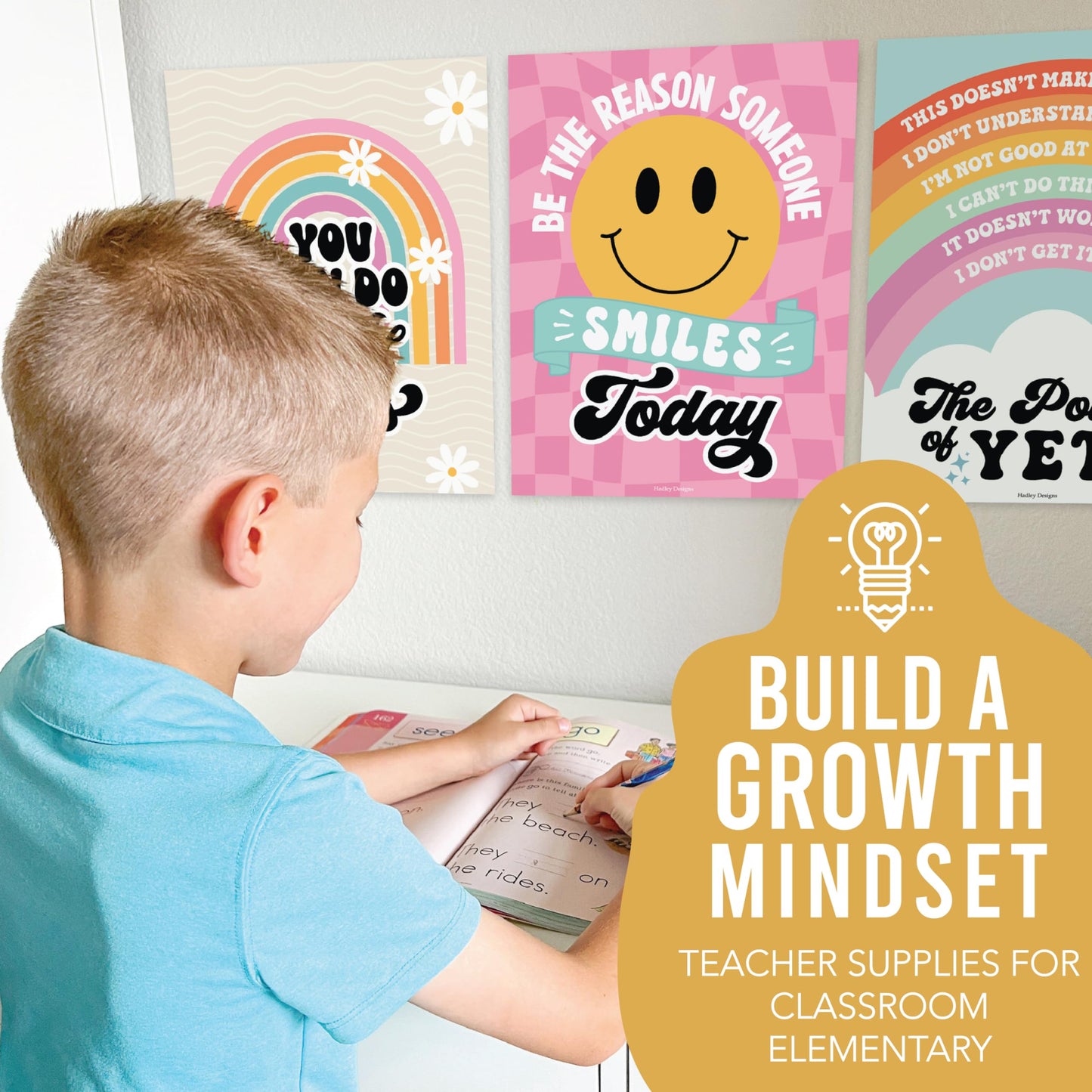 Hadley Designs Motivational Poster for Classroom Decor - 9 Growth Mindset Classroom Posters Elementary, Inspirational Wall Decor Middle School, Teacher Must Haves, Retro Bulletin Board Decorations