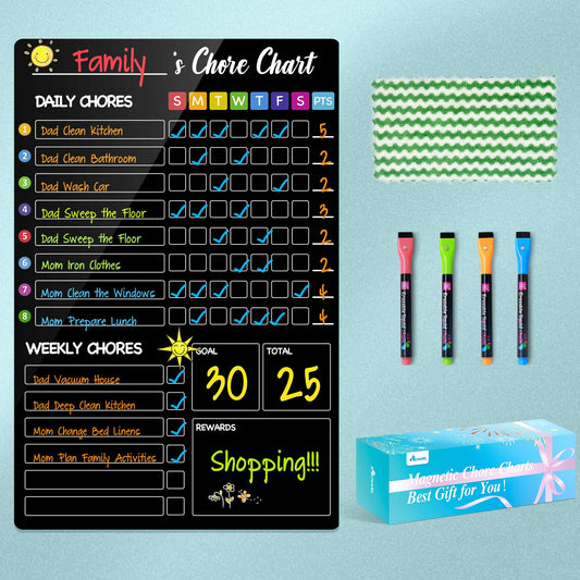 ACNARL Magnetic Chore Chart for Kids with 4 Markers,1 Pack 8"x12" Chore Chart for Multiple Children, Responsibility Reward Chart for Kid, Dry Erase Chore Chart for Adults/Kids/Teens, Black Chore Board
