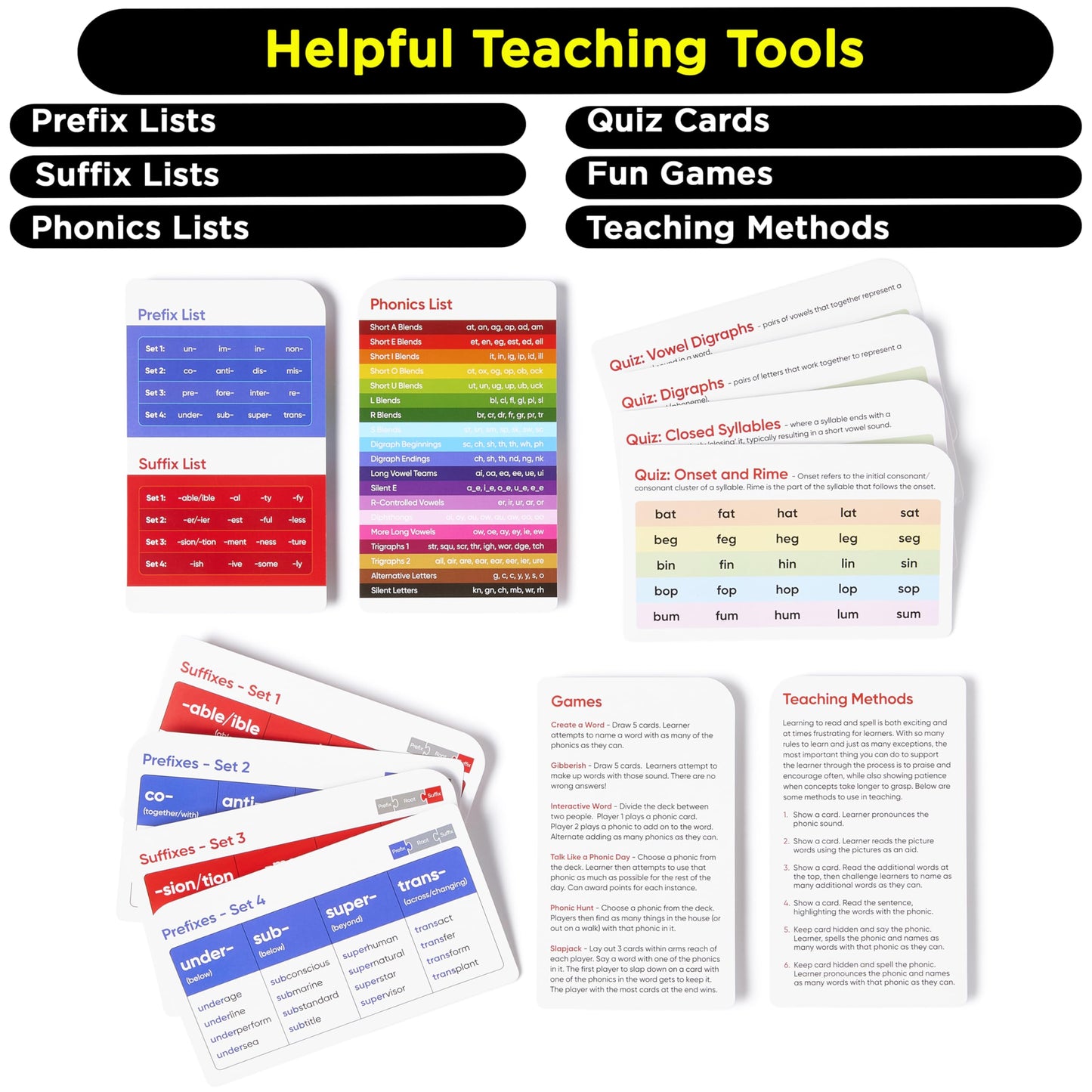 Award-Winning Phonics & Vocabulary Flash Cards (1000+ Words w/Prefixes, Suffixes & CVC) incl. Games & Visual Aids for Ages 4-8, Pre-K to 3rd Grade