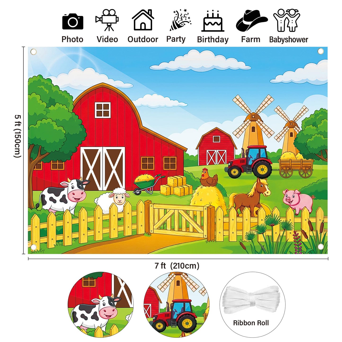 Farm Barn Backdrop 7x5ft - Red Barn Farmhouse Animals Backdrop for Birthday Animals Theme Party Decorations Cartoon Farm for Kids Children Baby Shower Newborn Truck Car Background Photography Banner