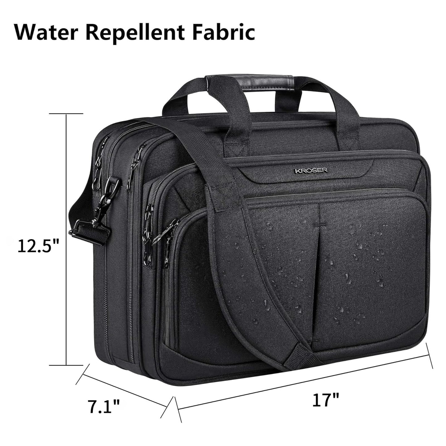 KROSER Laptop Bag Expandable Lightweight Briefcase for 17.3" Laptop Premium Business Work Bag Water-Repellent Messenger Bag for Travel/Women/Men-Black