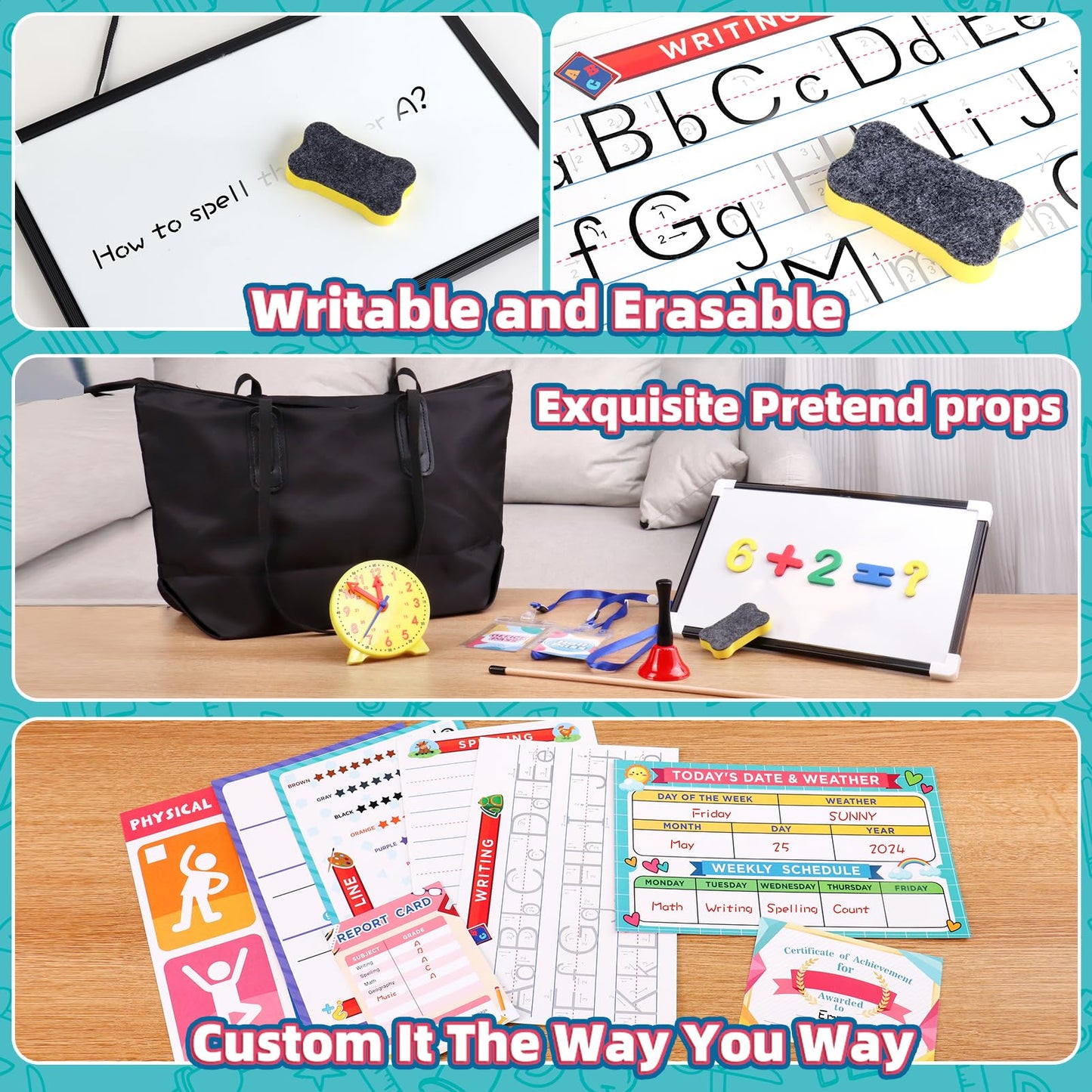 wookidel Pretend Play Teacher Set for Kids with Numbers, Bell, Whiteboard, Learning Clock Over 40 Pieces Included, Pretend Set Toys Gift for Kids Age 5 6 7 8
