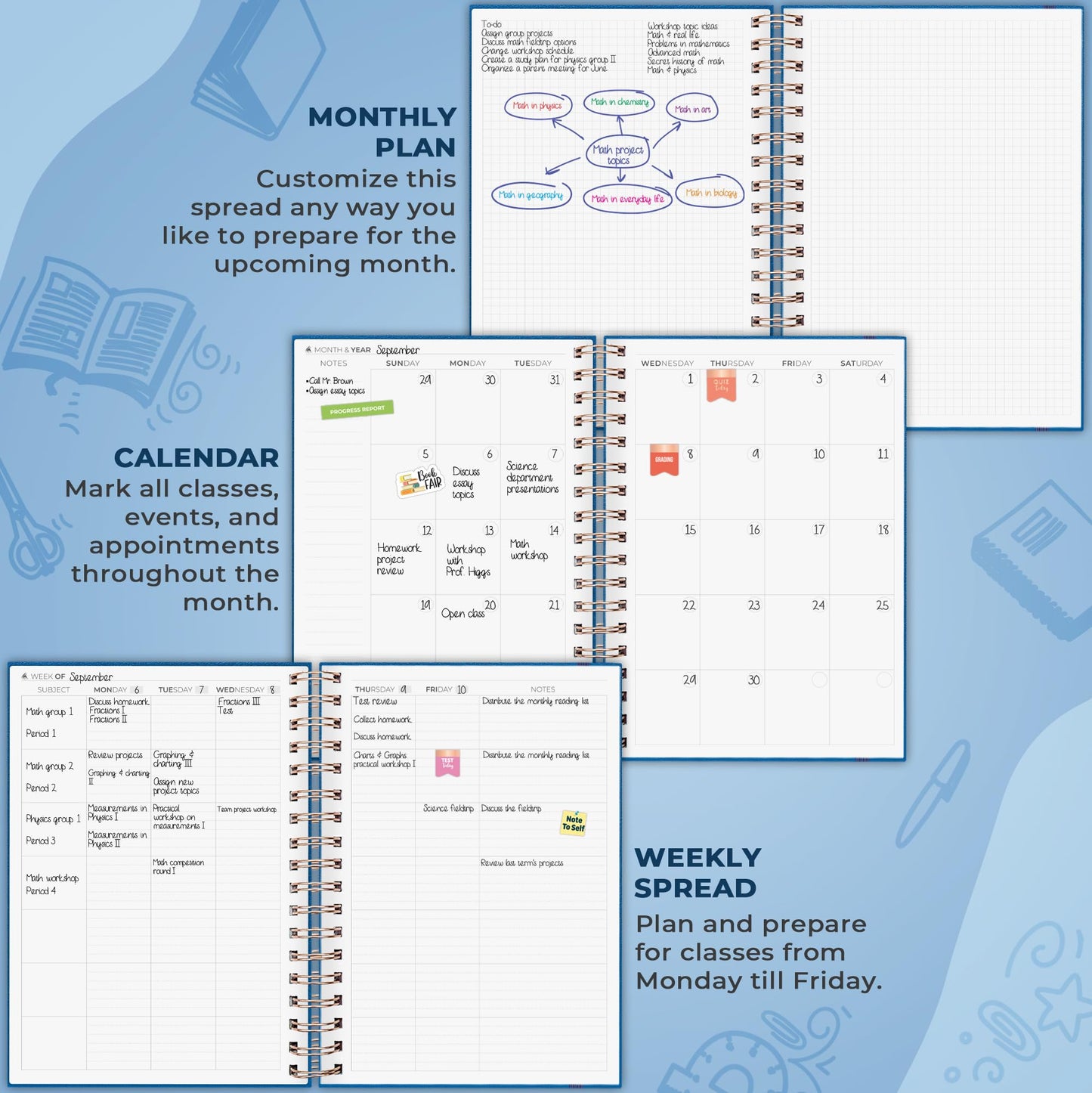 Clever Fox Teacher Planner Spiral – School Year Planner with Calendars & Lesson Plans – Teacher Plan Book for Classroom & Homeschool Organization - Undated, 7.9x10″ (Mystic Blue)