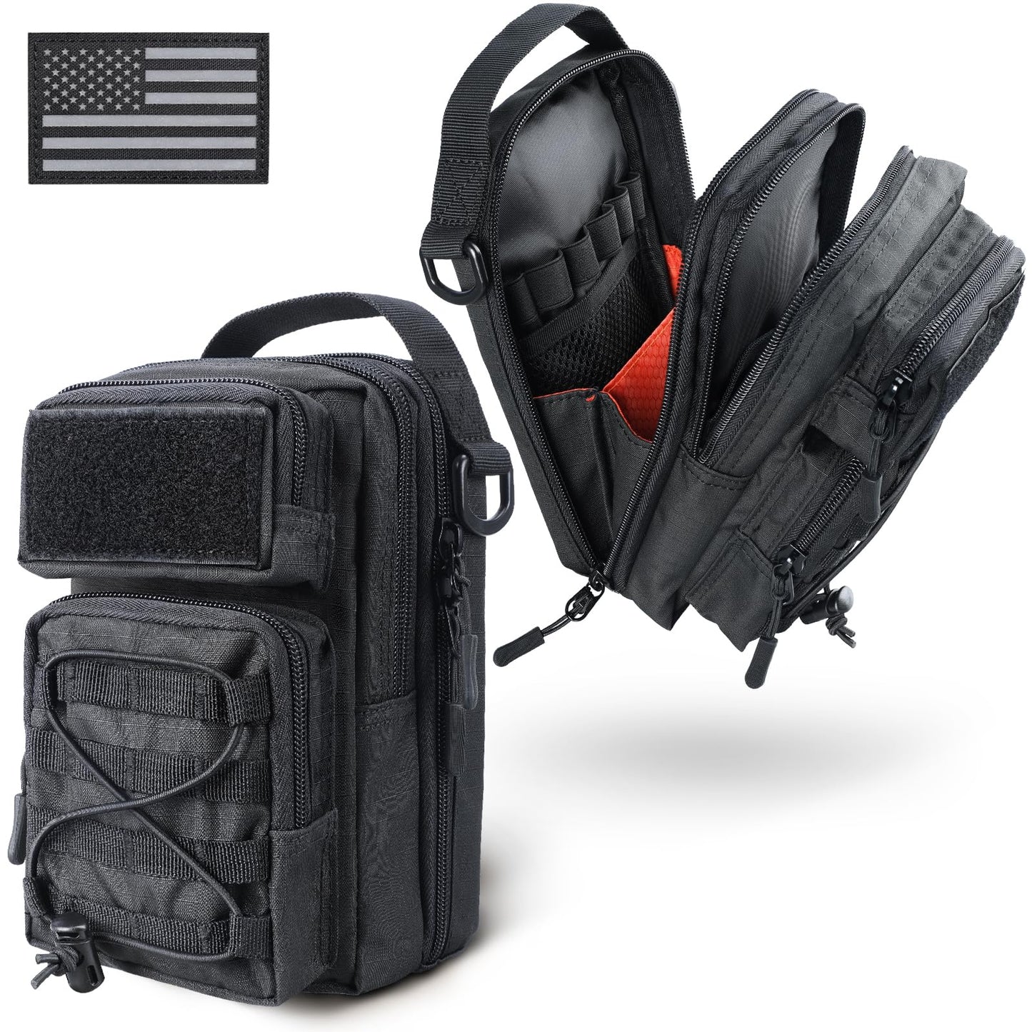 RXW Large Capacity Pencil Pouch for Boys, Tactical EDC Zippered Pencil Bag, Small Tool Pouch for Adults (includes US Flag Patch + 2 MOLLE Straps) (Black)