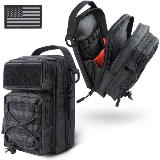 RXW Large Capacity Pencil Pouch for Boys, Tactical EDC Zippered Pencil Bag, Small Tool Pouch for Adults (includes US Flag Patch + 2 MOLLE Straps) (Black)