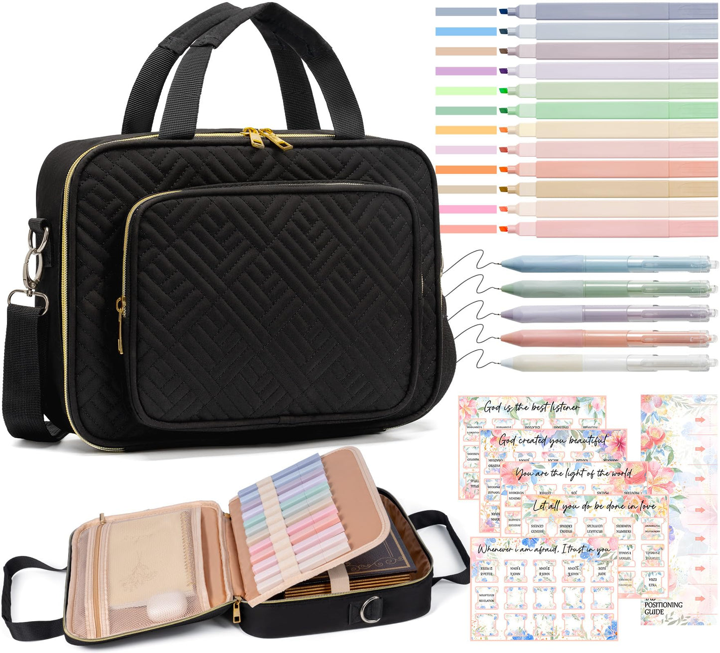 Bible Cover Case for Women, Large Bible Bag w/Shoulder Strap, Bible Study Supplies Journaling Kit Book Carrying Case with Accessories Pastel Highlighters 75 Tabs, Christian Gifts for Women Mom Friends