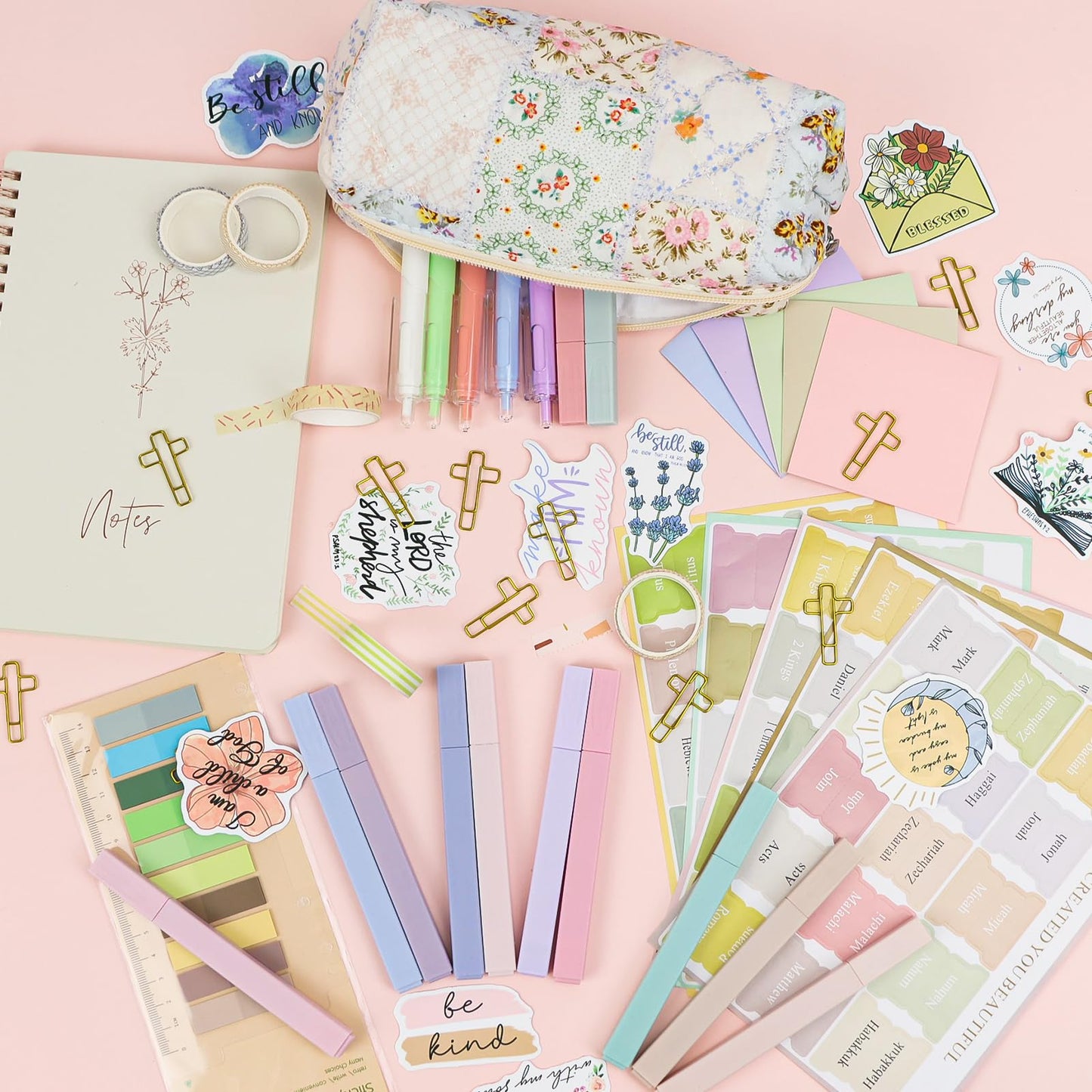 DRANSMIC Bible Study Supplies Journaling Kit with Pen Cas, Tabs, Notebook and No Bleed Highlighter, Aesthetic Book Annotation Kit, Christian Gifts for Women Grils Friends(Spliced Flower)