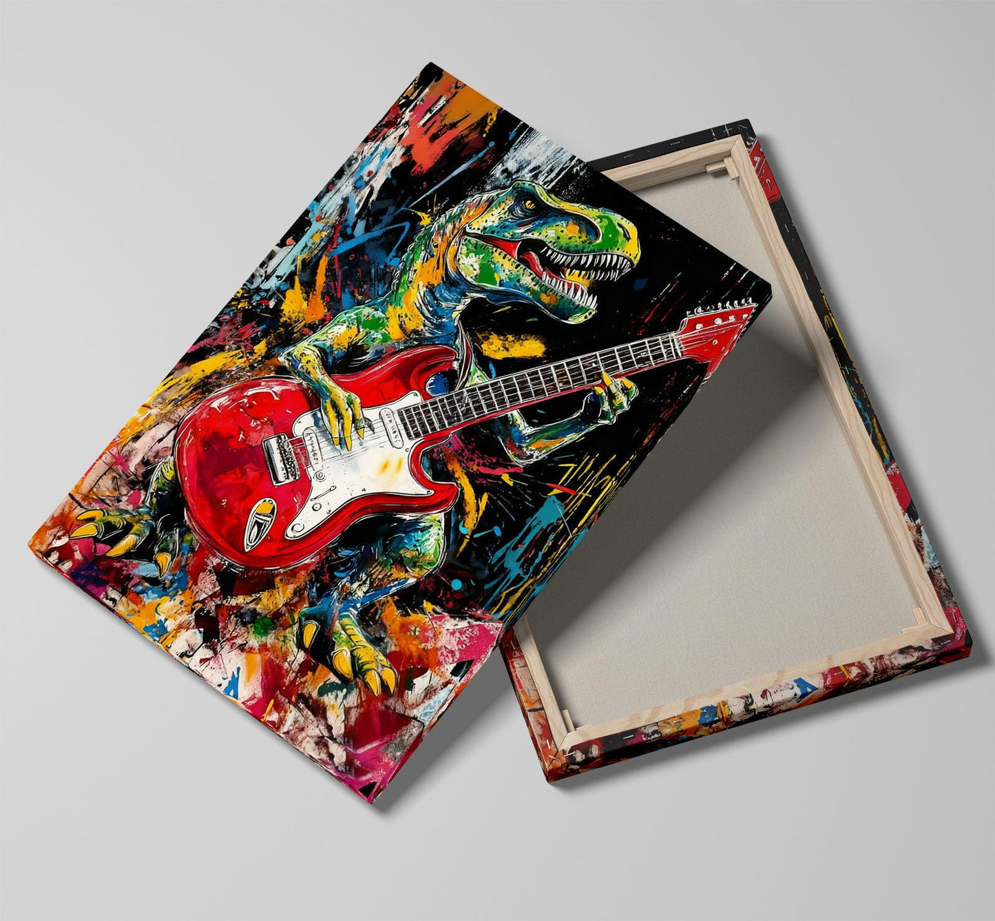16x24 Graffiti Guitar T-Rex Wall Art Modern Rock Picture Framed Canvas Gallery Pop Prints Cartoon Home Office Decor DJ Dinosaur Urban Posters Funny Bedroom Living Room Kids Nursey Teen Boys Men