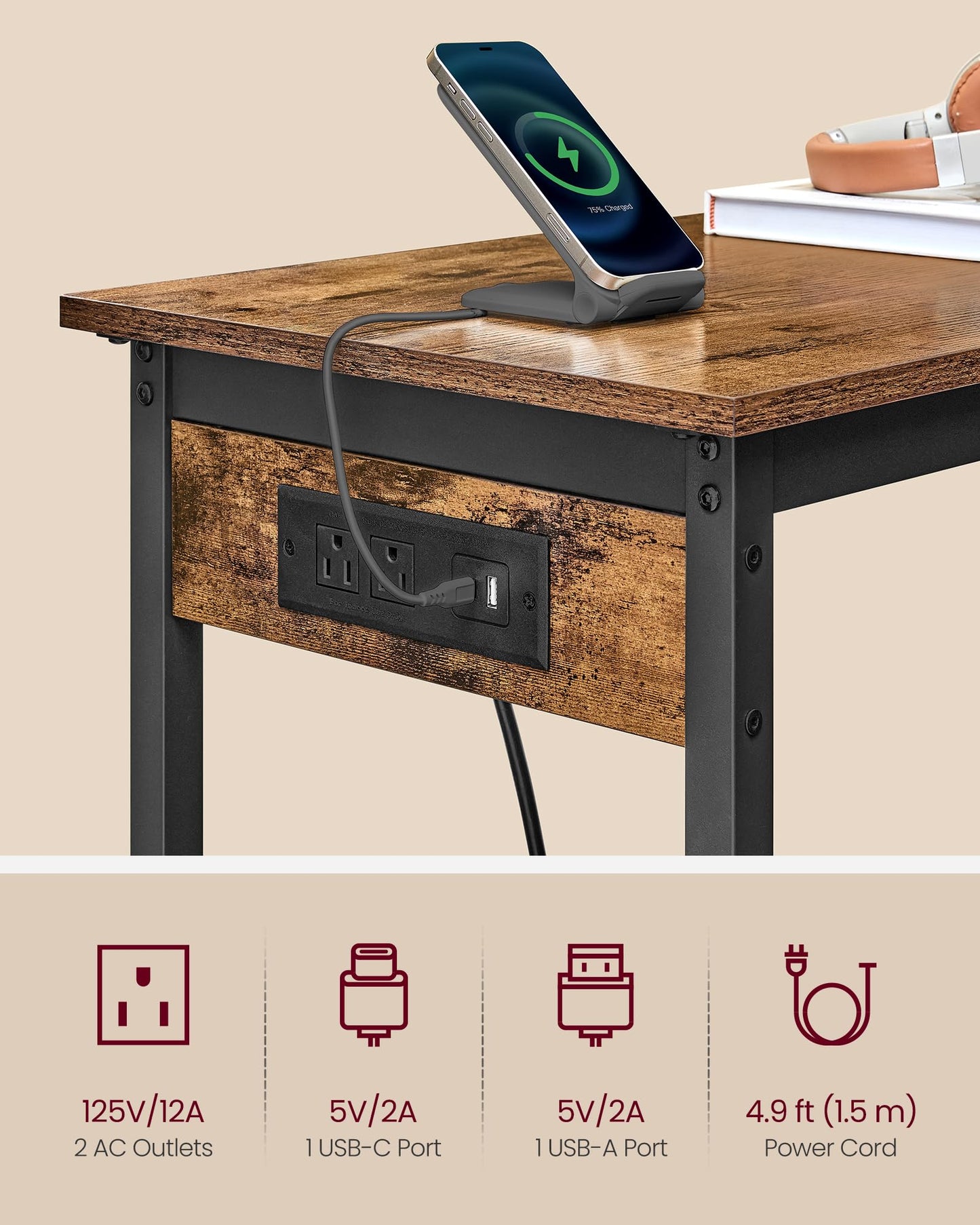 VASAGLE Bar Table, Narrow Long Kitchen Dining Table with Charging Station, Sturdy Metal Frame, Industrial, 15.7 x 47.2 x 35.4 Inches, Rustic Brown and Ink Black ULBT121K01
