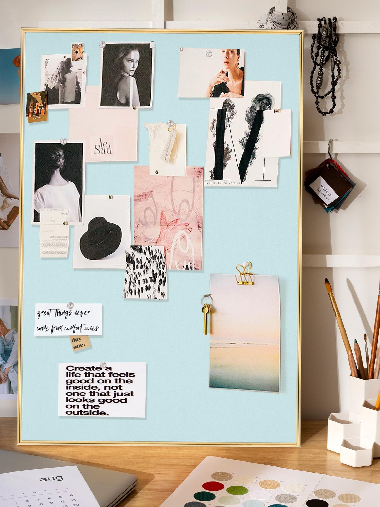 Lightomorrow Bulletin Board 30 x 20 inches, Light Blue Pin Board, Golden Aluminum Framed Fabric Cork Board with 10 Push Pins