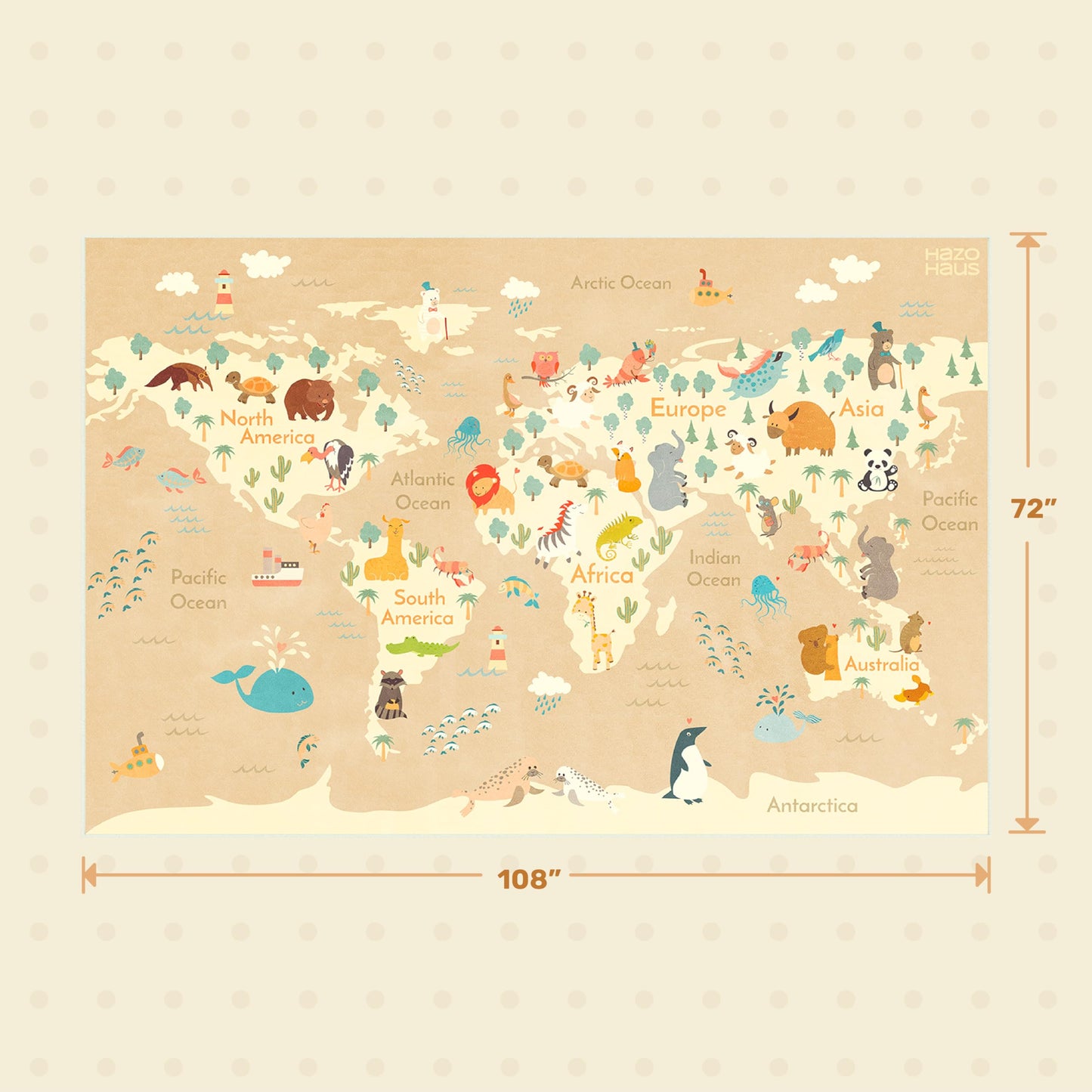 Hazo Haus Large Kids Rugs for Classroom - 6x9 Kids Room Rug with Animal & Educational World Map Play Mat - Washable, Non-Slip, Stain Resistant, Soft & Safe for Child, Playroom Essentials - Soft Beige