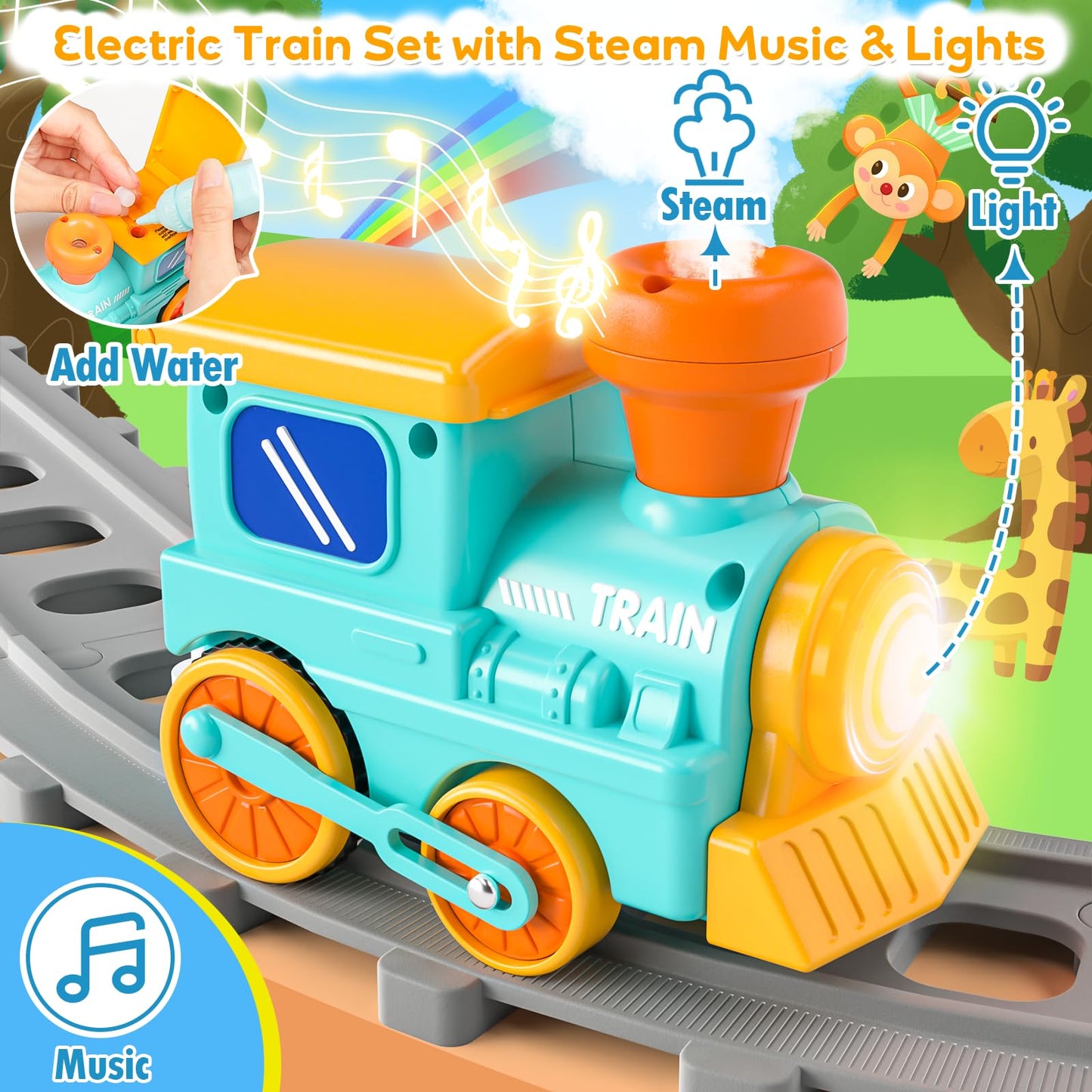 Toddler Toys for 1 2 3 Year Old, Electric Zoo Animal Train Set with Music, Lights & Steam, Montessori Counting, Matching & Sorting Learning Toys, Christmas Birthday Gifts for Baby Boys Girls 18 M+