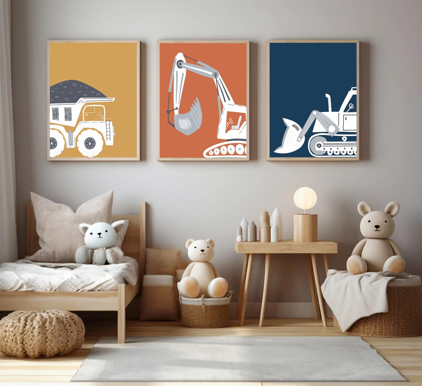 Wavkkey 3 Pcs Construction Truck Nursery Wall Art Excavator Dump Truck Tractor Poster Painting Picture Wall Decor Canvas Print Artwork Kids Room Boys Room Baby Room Home Decoration Unframed