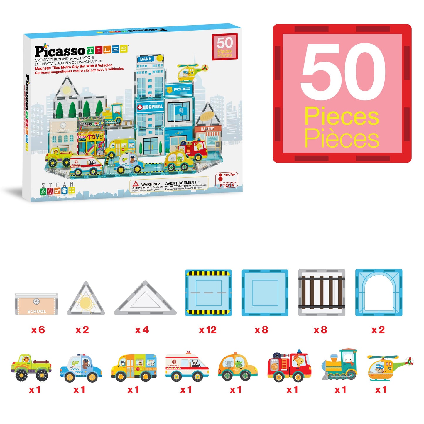 PicassoTiles Metro City Hospital Magnetic Tile Building Set with 8 Vehicles and Figures Educational Magnet Blocks Construction for Kids Age 3 Plus STEM Role Play Town Imagination Learning Toy PTQ14