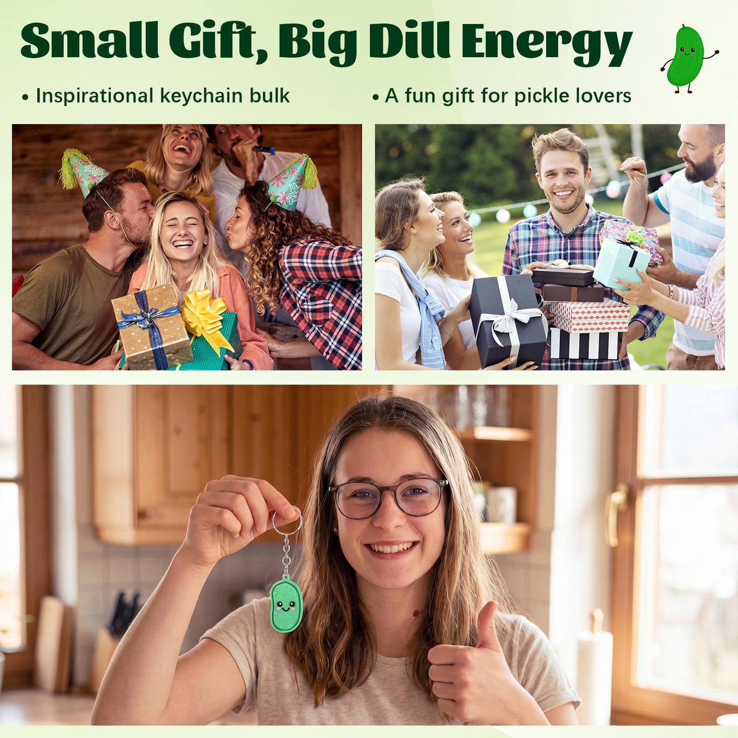 Gerrii 24 Sets Green Cucumber 3D Fidget Keychains with Inspirational Cards Bulk 3D Press Stress Relief Sensory Keychain Gifts Employee Appreciation Positive Gifts for Coworkers Teacher