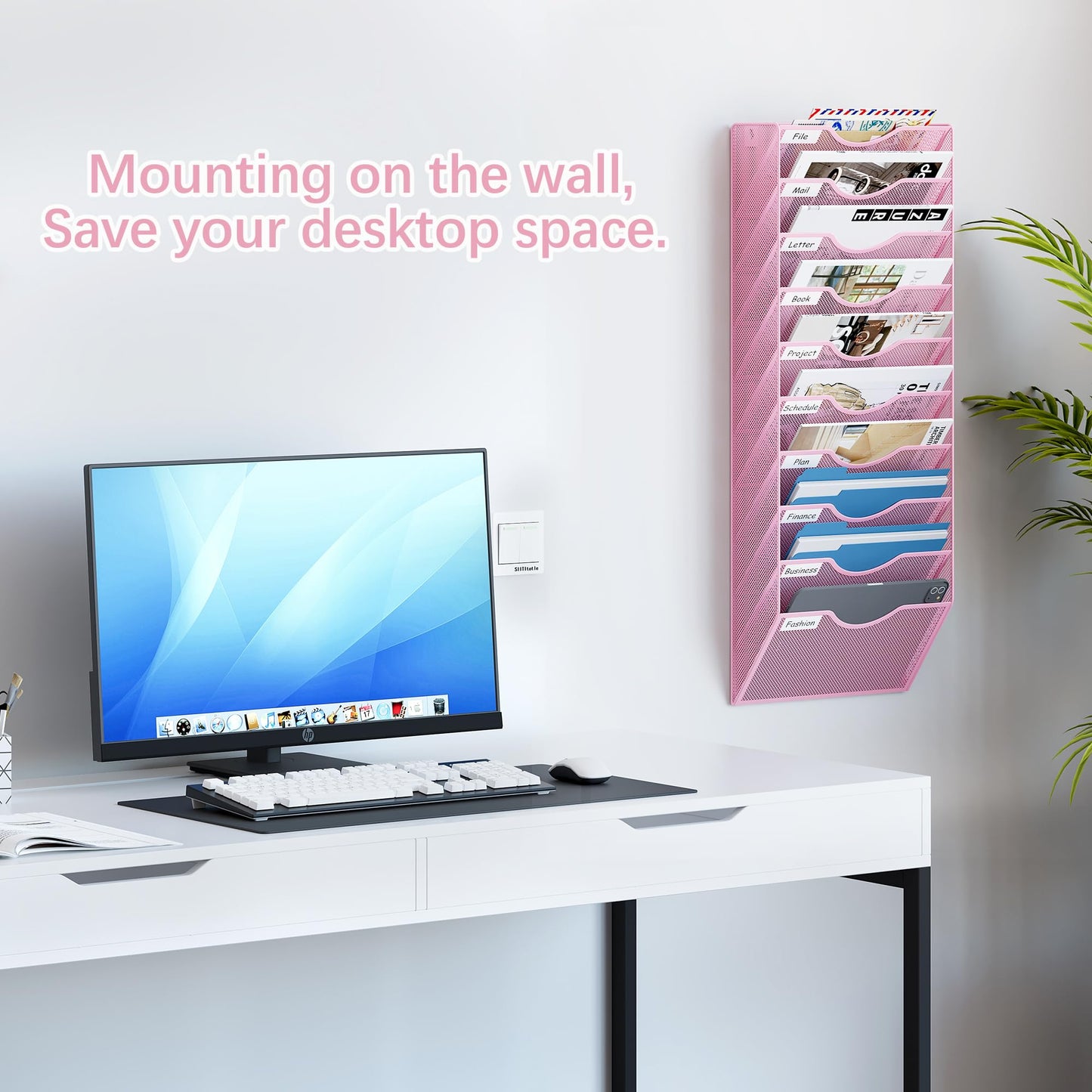 EasyPAG 10 Pocket Mesh Wall File Organizer, Hanging Paper Folder Holder with Classify Label, Vertical Wall Mount Mail Organizer for Office Home Classroom, Pink