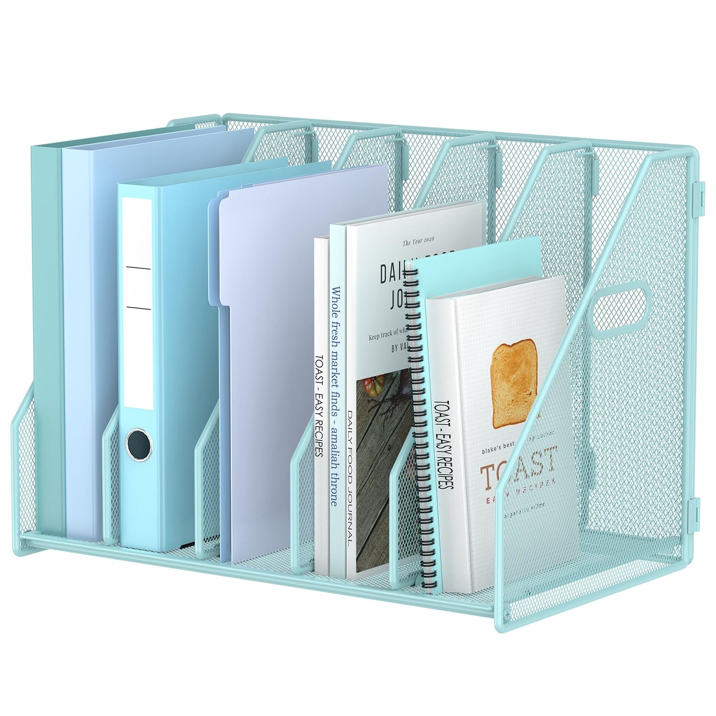 MINDEPOT Desk File Organizer Metal Desk Magazine Folder Holder with 5 Vertical Compartments Rack File Organizer for Office, Home, School (Blue)