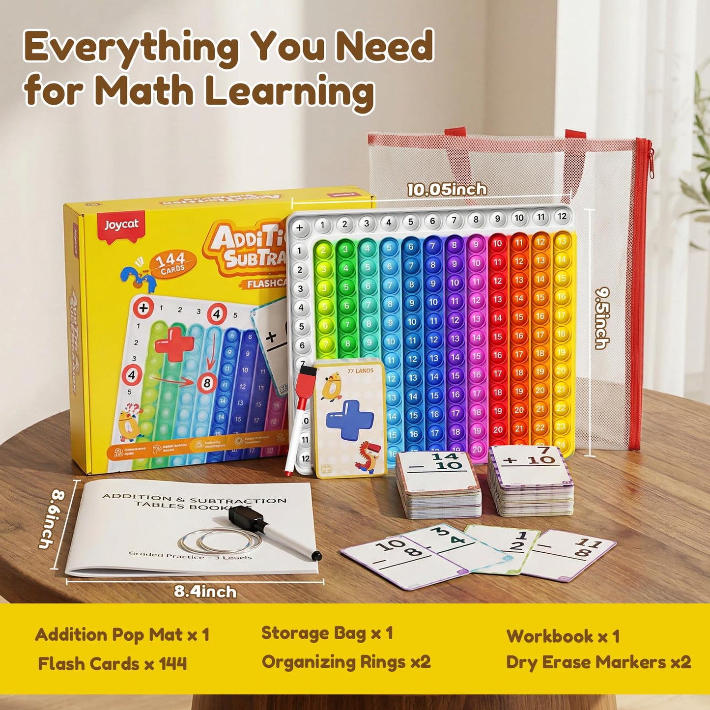 JoyCat Addition and Subtraction Flash Cards with Pop Math Board, 144 Math Flashcards for Kids Ages 4-8, Homeschool Kindergarten 1st 2nd Grade Math Manipulatives with Workbook, Markers, Rings & Bag