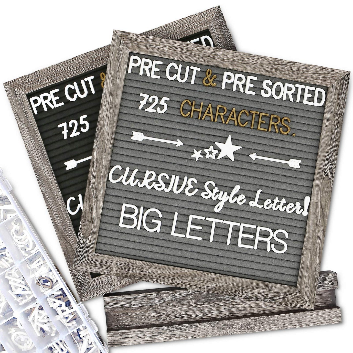 Double Sided Felt Letter Board with Letters - Pre Cut & Sorted 725 letters with Stand, Cursive Style Letters, Big Letters, Plastic Organizer, Tabletop Display, Rustic Farmhouse Wall Decor