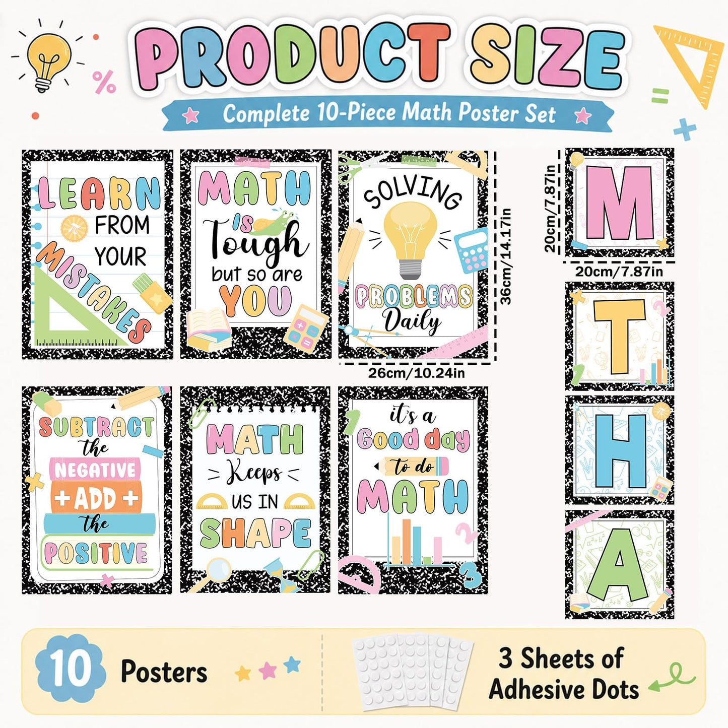 10PCS Composition Math Posters Math Inspirational Wall Chart Black White Speckle Classroom Decor Educational Mathematics Bulletin Board Decor for Elementary Middle School Teacher Chalkboard Supplies
