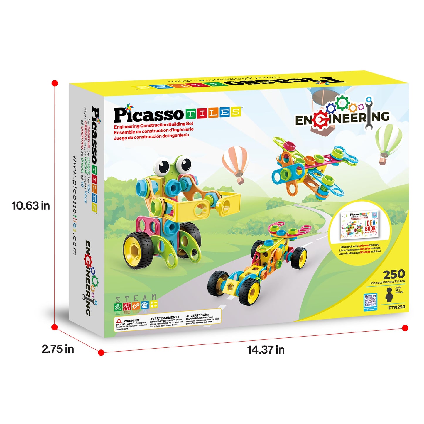 PicassoTiles STEM Learning Toys 250 Piece Building Block Kids Construction Engineering Kit Toy Blocks Children Early Education Playset w/Free IdeaBook, Power Drill, Clickable Ratchet, Age 3+ PTN250