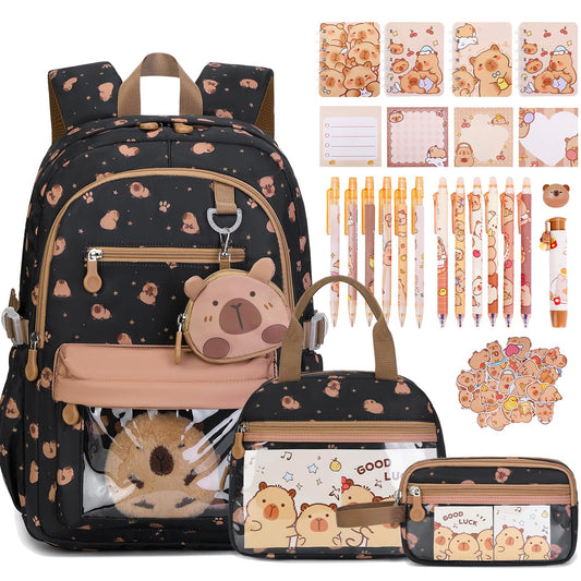 Similove Capybara Theme Backpack for School Girls, 35PCS Kids Backpack Set with School Supplies Stationery Kit Lunch Box Pencil Case, Cute Girls Bookbag for Kindergarten Elementary Student
