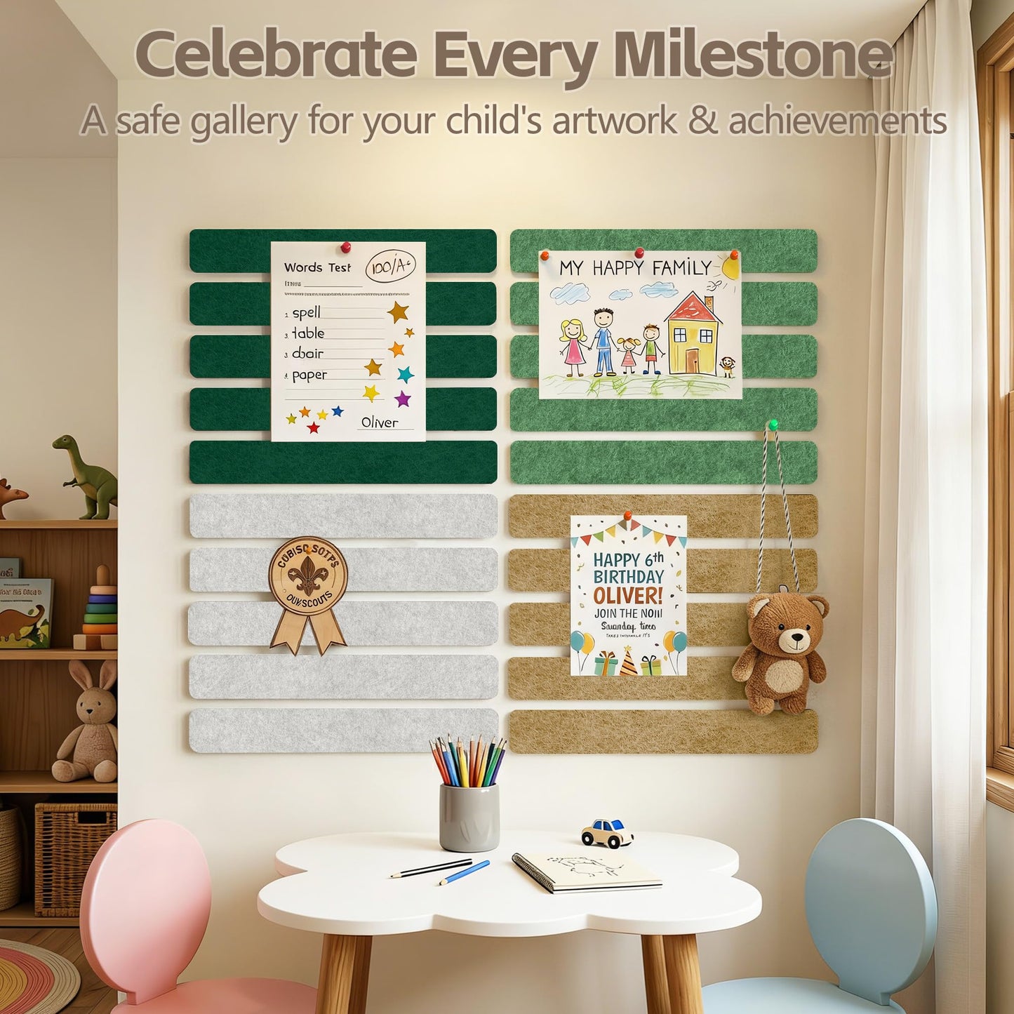 GoTiling Cork Board for Walls - 8 Pack Felt Pin Board Bar Strips - Self-Adhesive Lightweight Bulletin Board - Cork Board for Office with 40 Push Pins No Damage for Wall