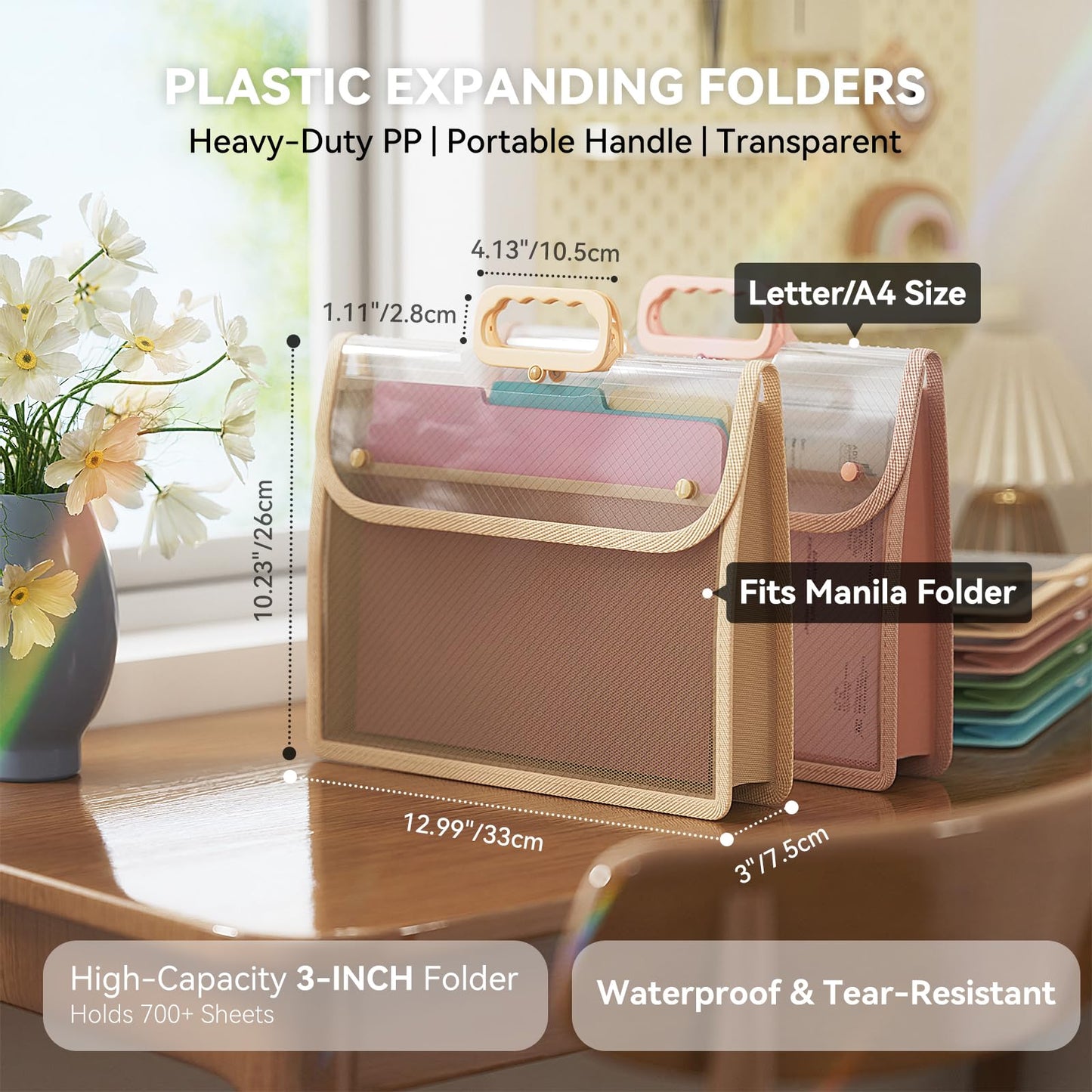 ABC Life [4 Pack] Plastic Expanding File Folder with Handle, Portable Transparent Document Organizer for Letter/A4, Briefcase-Style Accordion Case, Mesh Pocket, Heavy Duty for Home, Office & School