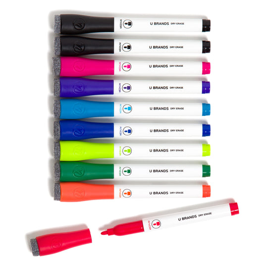 U Brands Fine Tip Dry Erase Markers with Eraser, Low Odor Whiteboard Markers Fine Tip, Assorted Bright Colors, Set of 10