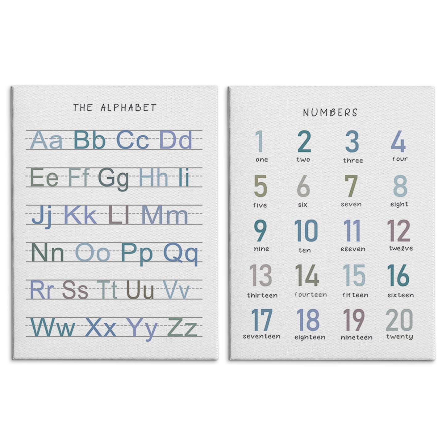 HRQKO Alphabet Numbers Nursery Canvas Wall Art Set of 2, Kids Room Decor Framed Art, Blue ABC Numbers Educational Posters Wall Decor for Classroom Toddler Kids Nursery Bedroom Playroom, 11x14 inch