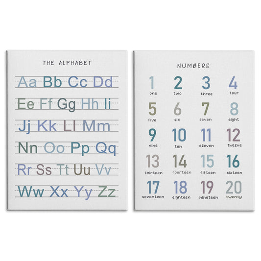 HRQKO Alphabet Numbers Nursery Canvas Wall Art Set of 2, Kids Room Decor Framed Art, Blue ABC Numbers Educational Posters Wall Decor for Classroom Toddler Kids Nursery Bedroom Playroom, 11x14 inch