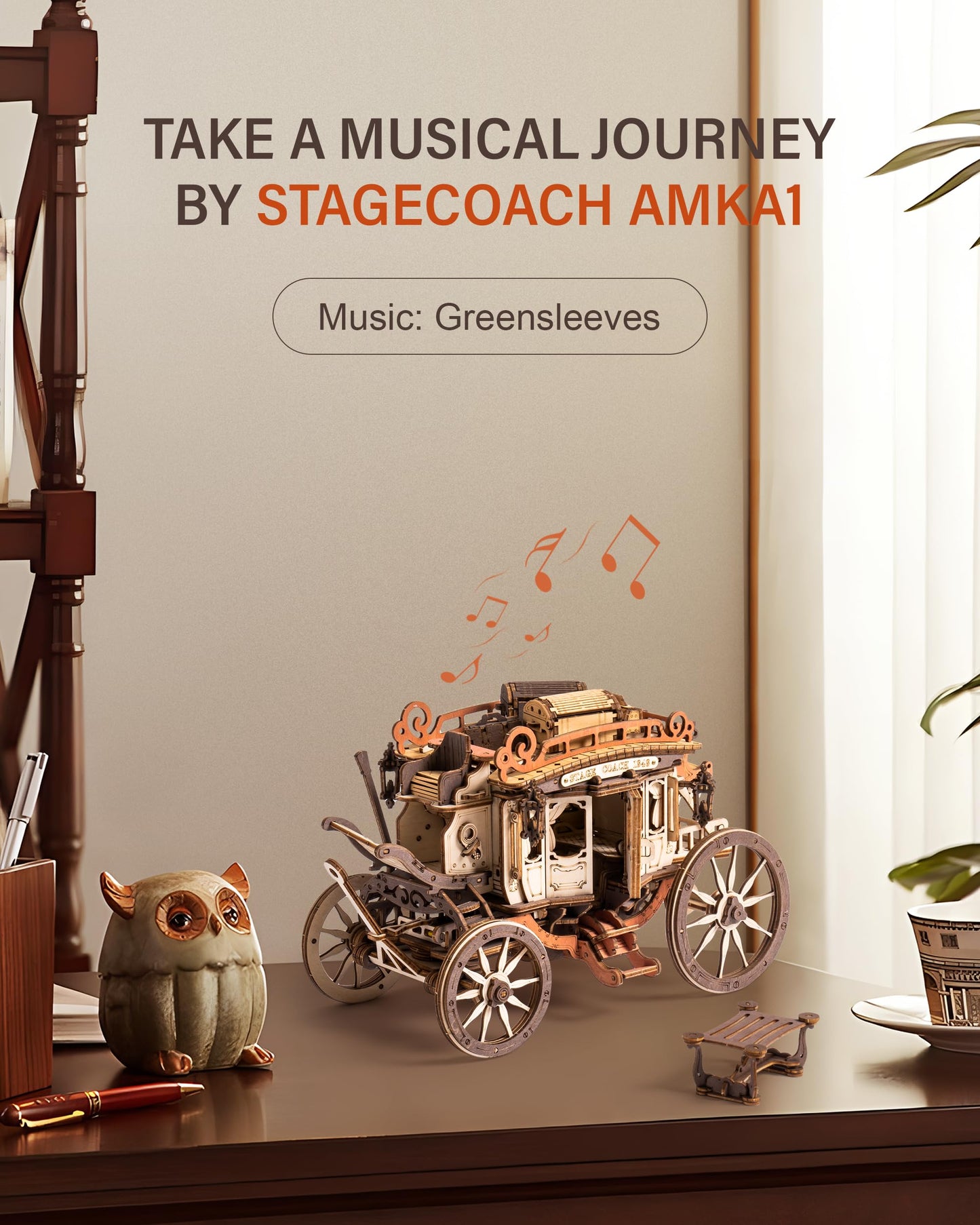 ROBOTIME Stagecoach Wooden Music Box Puzzle AMKA1, Valentines Day Gift 3D Wooden Puzzles for Adults, Mechanical 3D Model to Build, Birthday Anniversary Day Gift Hobby STEM Kits