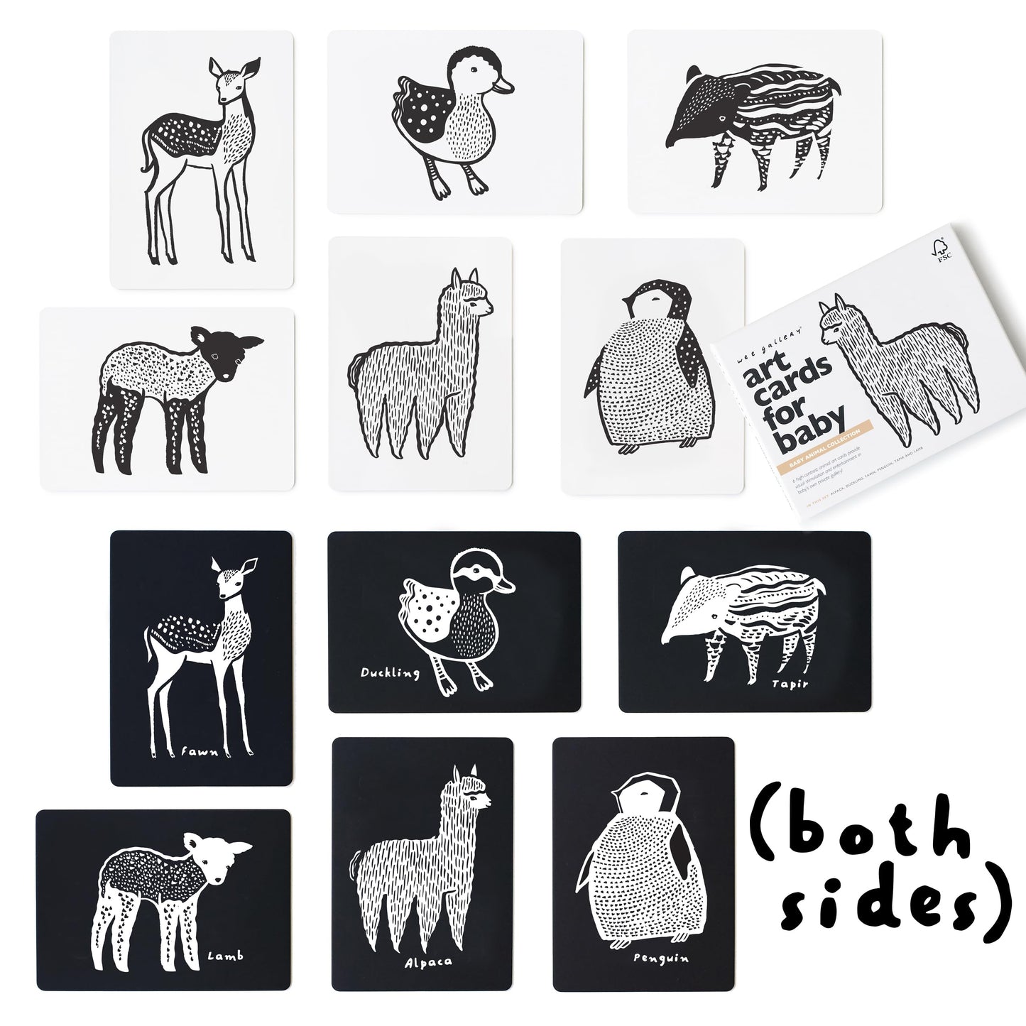Wee Gallery Art Cards for Baby, Durable High Contrast Black and White Animal Flashcards for Newborns, Brain Development, Sensory Toys, Tummy Time Essentials for Infant and Toddler - Baby Animals