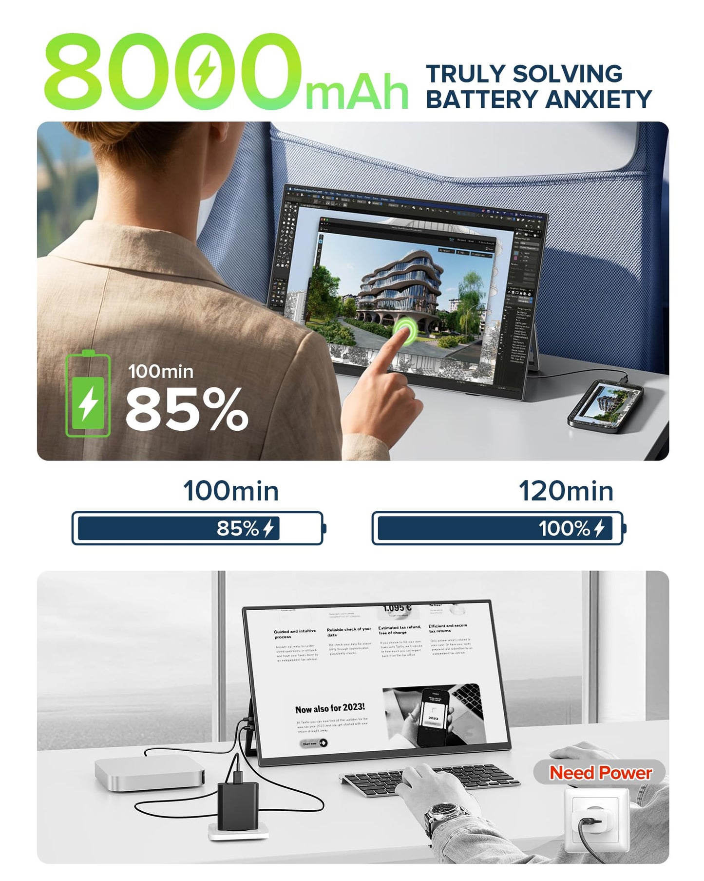 Portable Monitor Touchscreen with Battery 8000mAh, 15.6” 125% sRGB Ultra-Slim 10-Point Touch Screen Monitor, USB-C & MINI HDMI, VESA & Stand, Travel Second Screen for Laptop, Computer, Game Consoles
