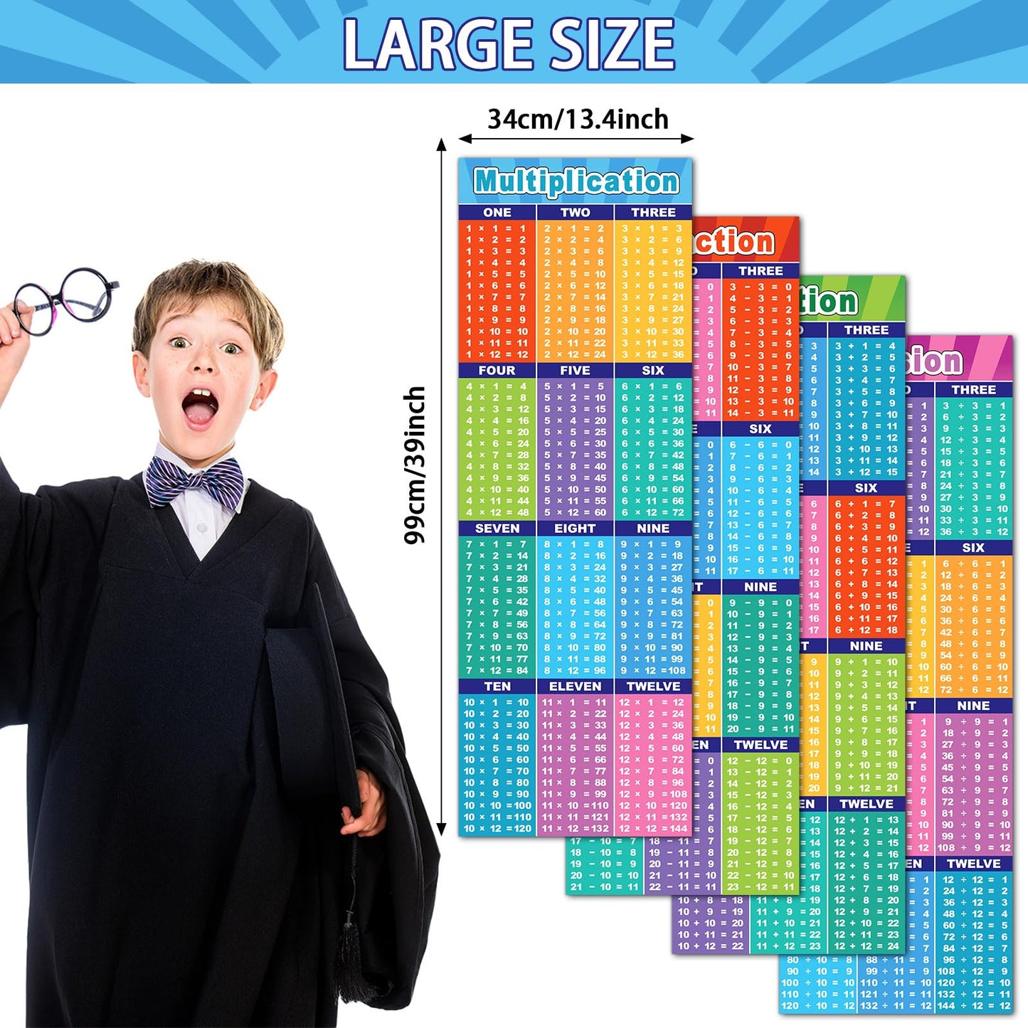 CHUNNIN 4 Pcs Large Educational Math Posters Banner Multiplication Division Addition Subtraction Table Chart Posters for Kids Teacher Elementary Middle School Classroom Wall Decor 39x13 inch