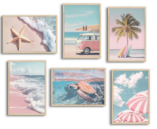 PeuYot Pink Beach Wall Art, 6 Pcs Preppy Coastal Wall Decor, Unframed Canvas Posters for Bathroom Bedroom, Vintage Van Surfboard Sea Turtle Starfish Ocean Prints, Tropical Summer Beach House Decor