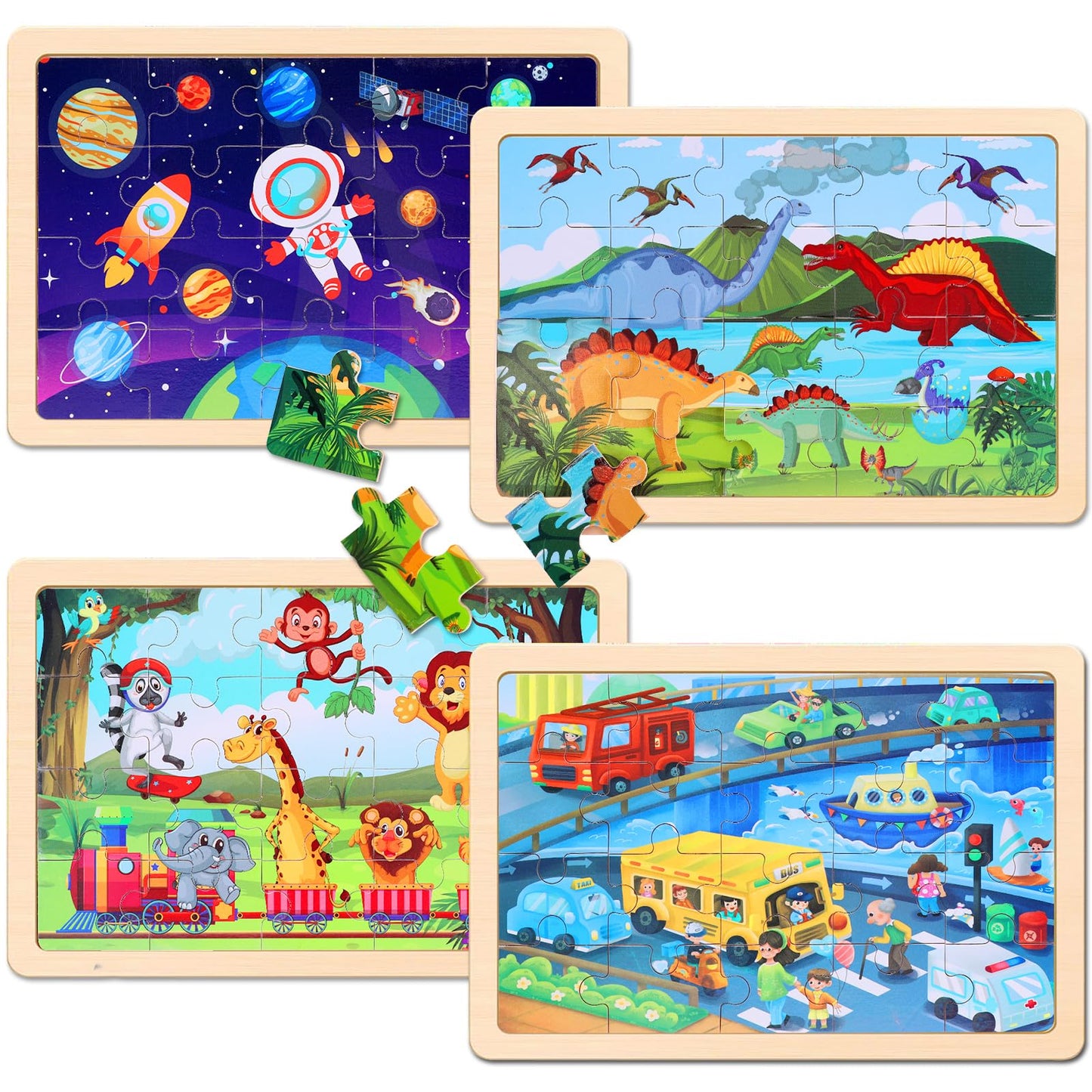 Wooden Educational Jigsaw Puzzles for Preschool Kids Ages 3-5, 4-Pack with 20 Pieces Dinosaur, Space, Transportation Wood Puzzles Set, Toddler Brain Teaser Toys, Gifts for Boys Girls Ages 3 4 5 6