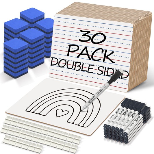 Dry Erase Boards, 30 Pack 9 x 12 Inch Mini Portable Practice White Boards with 30 Markers, 30 Erasers, Double Sided Personal Small Whiteboards with Lines for Kids, Students, Teachers Classroom School