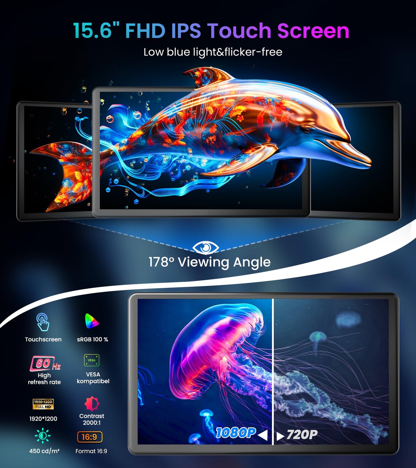 JUNEBOX 15.6" Touchscreen Monitor - HDR 1080P IPS with VGA DVI HDMI VESA Dual-Speaker,10-Point Industrial Touch Screen Monitor for PC,Laptop,RPi,POS,Kiosk,Home,Industrial (15.6 inch Touchscreen)