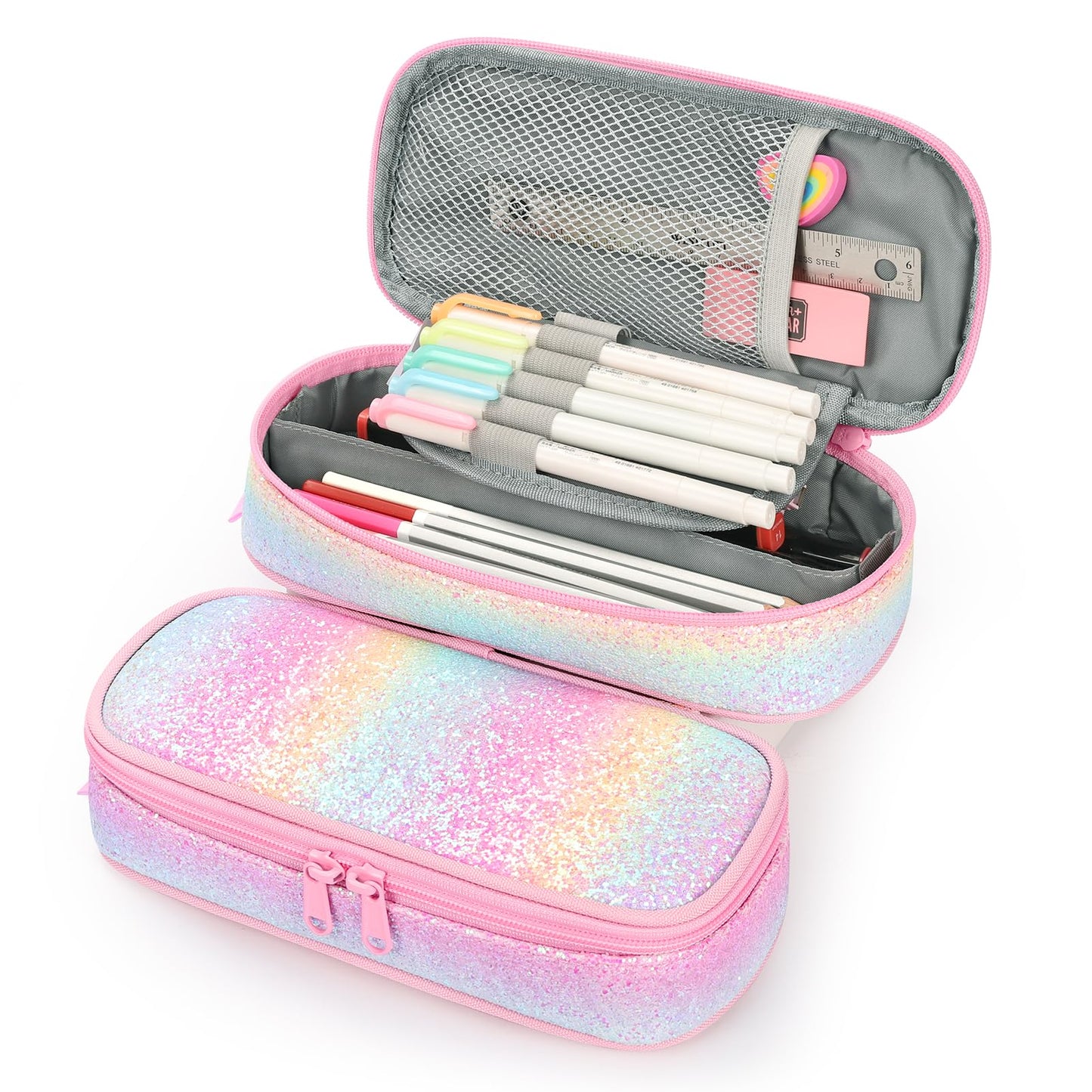 mibasies Girls Pencil Case for Kids, Multi-Slot Pencil Pouch, Pink Blue Rainbow