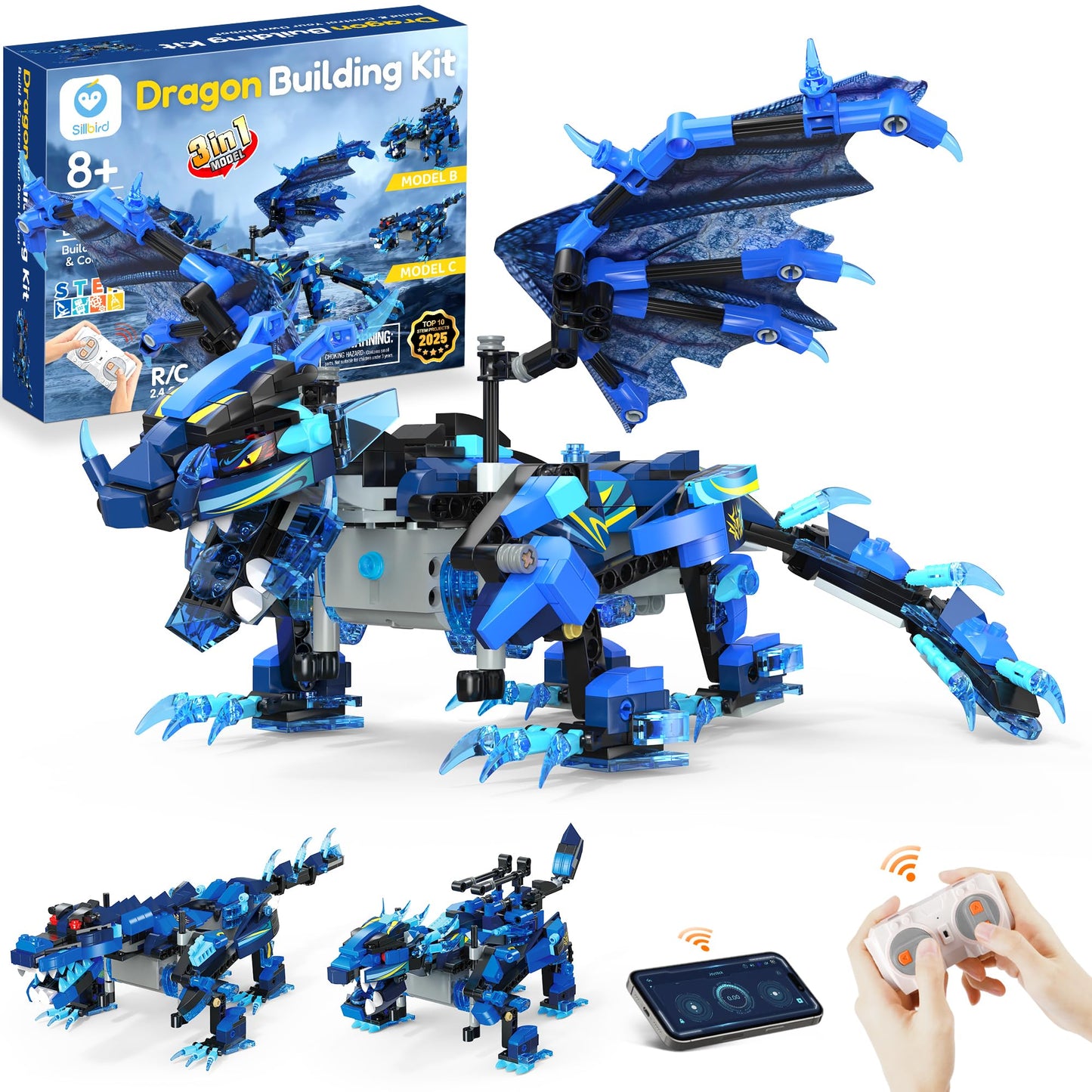 Sillbird Dragon Building Kit with Remote Control STEM Gifts for Kids Boys Ages 8-12, Technic Buildable 3in1 Models Coding Toys for Birthday with 590 Pieces