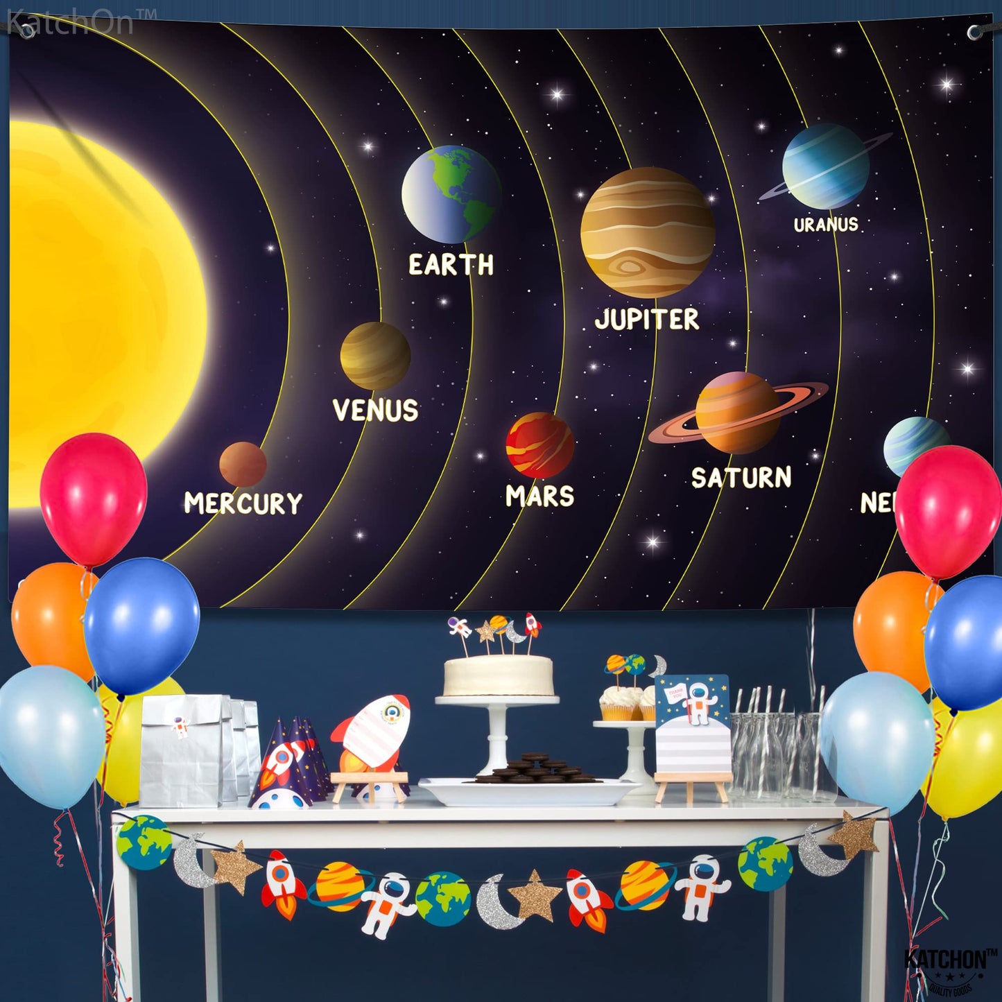 KatchOn Large Solar System Backdrop - 72x44 Inch | Outer Space Decorations for Classroom | Solar System Poster for Outer Space Party Decorations