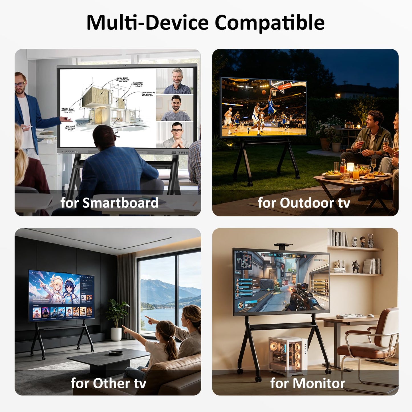 Dornium Smart Board Stand for 55-87 Inch Interactive Whiteboards, Adjustable Rolling TV Stand with 360°Swivel Lockable Wheels, Suitable for Offices, Classrooms, Home and Other Workspaces