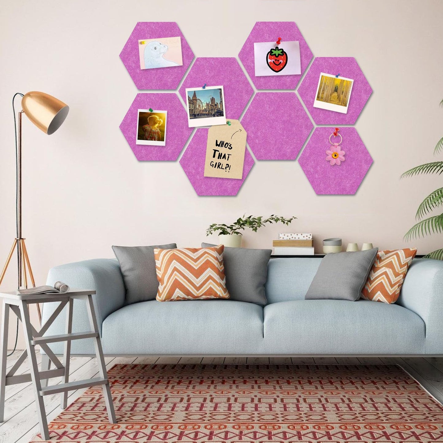 8 Packs Fuchsia Hexagon Felt Pin Board, 12" Bulletin Board with 30 Push Pins, Felt Board for Home Kitchen Office Decor, Self-Adhesive Corkboard Tiles for Walls Classroom Message Photos Memos Display