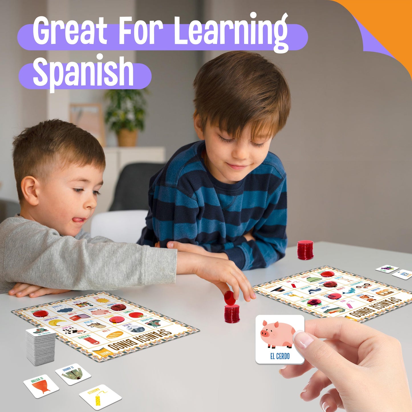 SpriteGru Spanish Bingo Game, 12 Vocabulary Bingo Board Game Bilingual Word Learning Educational Toys for Words Learning - Ages 5 and up (Up to 12 Players)