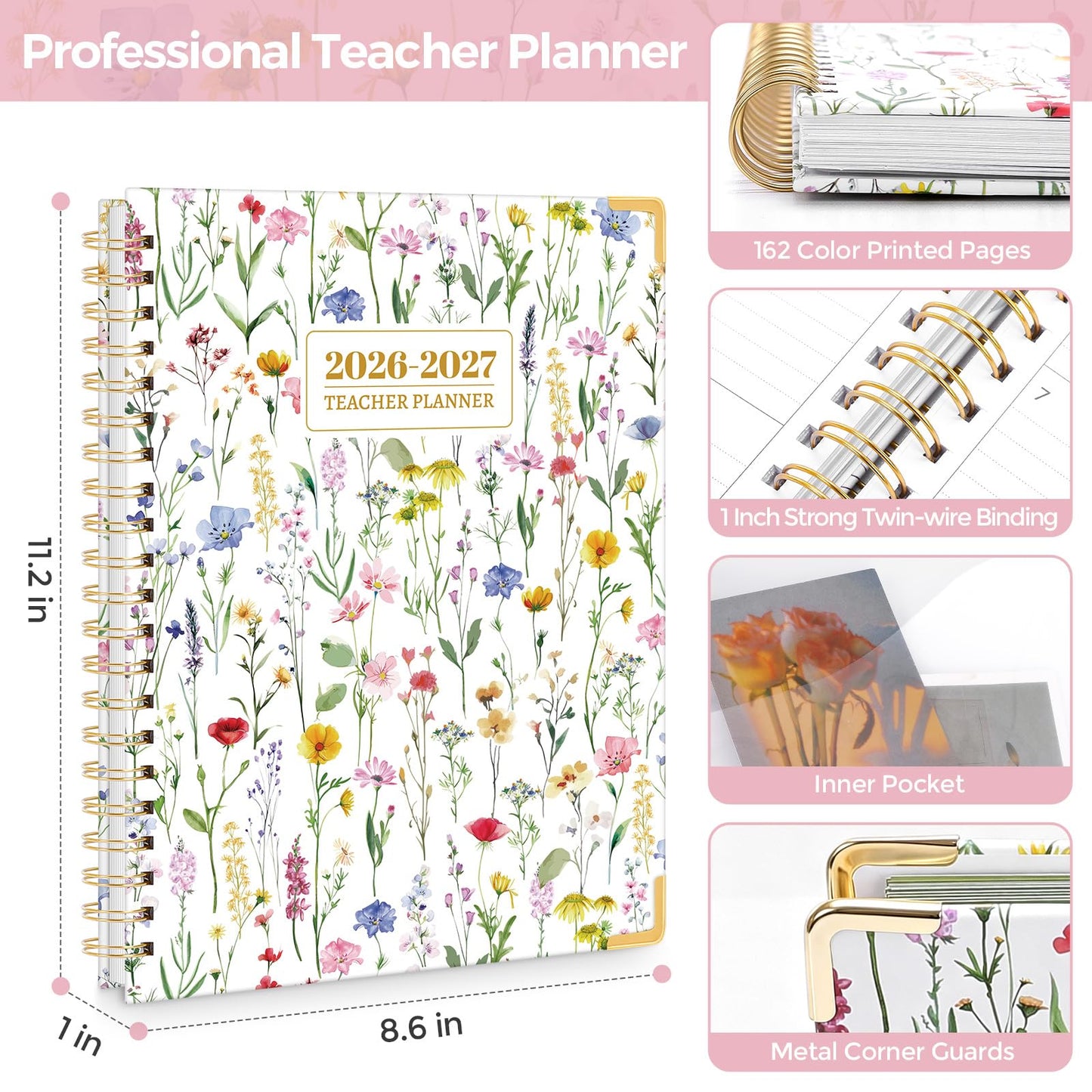SKYDUE Teacher Planner 2026-2027 Academic Year, 8.5" x 11" Deluxe Teacher Lesson Planner with Monthly Tabs & Stickers, Lesson Plan Book 26-27, FloralA